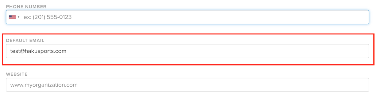 Organization settings in haku with the default email address field highlighted.