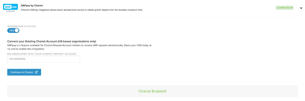 Chariot integration settings in haku with the integration toggle turned on.