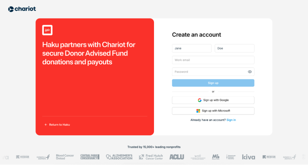 Chariot account signup page for haku nonprofit organizations.