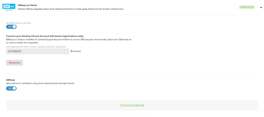 Verified Chariot account connected in haku with DAFpay enabled.