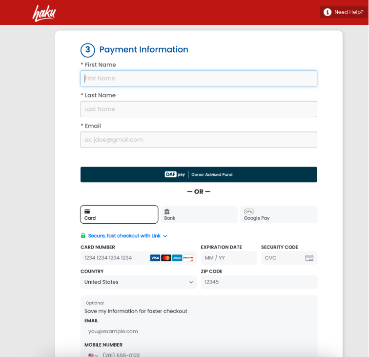 Donation checkout showing DAFpay as a payment option.